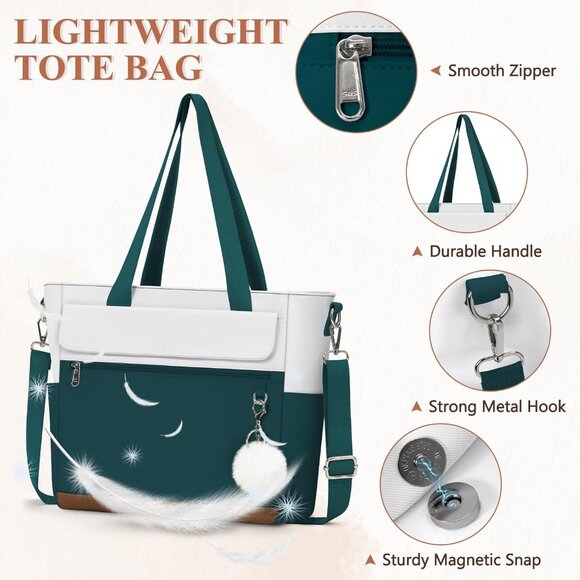 Women Dark Green With White Multi-Pocket Waterproof Canvas Tote Bags with Zipper - Picture 4 of 6